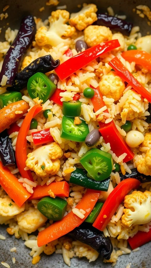 A bowl of colorful cauliflower rice stir-fry with vegetables.
