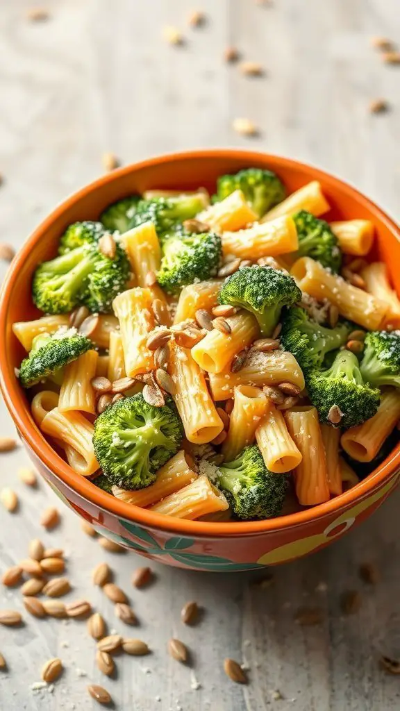 A vibrant bowl of cheesy broccoli pasta salad with rigatoni, fresh broccoli, and sunflower seeds.