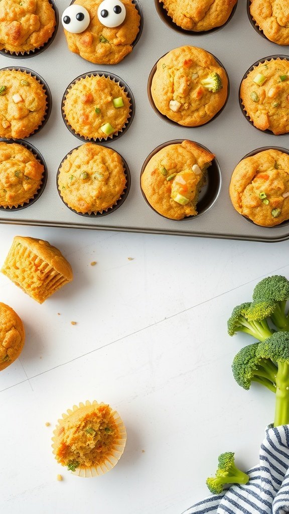 Freshly baked Cheesy Broccoli Protein Muffins in a muffin tin with a few muffins scattered around, next to some broccoli.