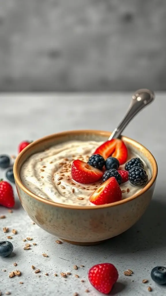 A bowl of creamy chia seed and vanilla oats topped with fresh berries on a table.