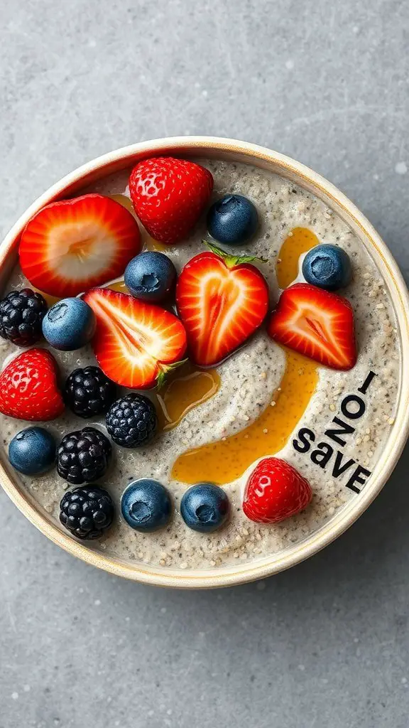 Bowl of chia seed porridge topped with strawberries, blueberries, blackberries, and a drizzle of honey.