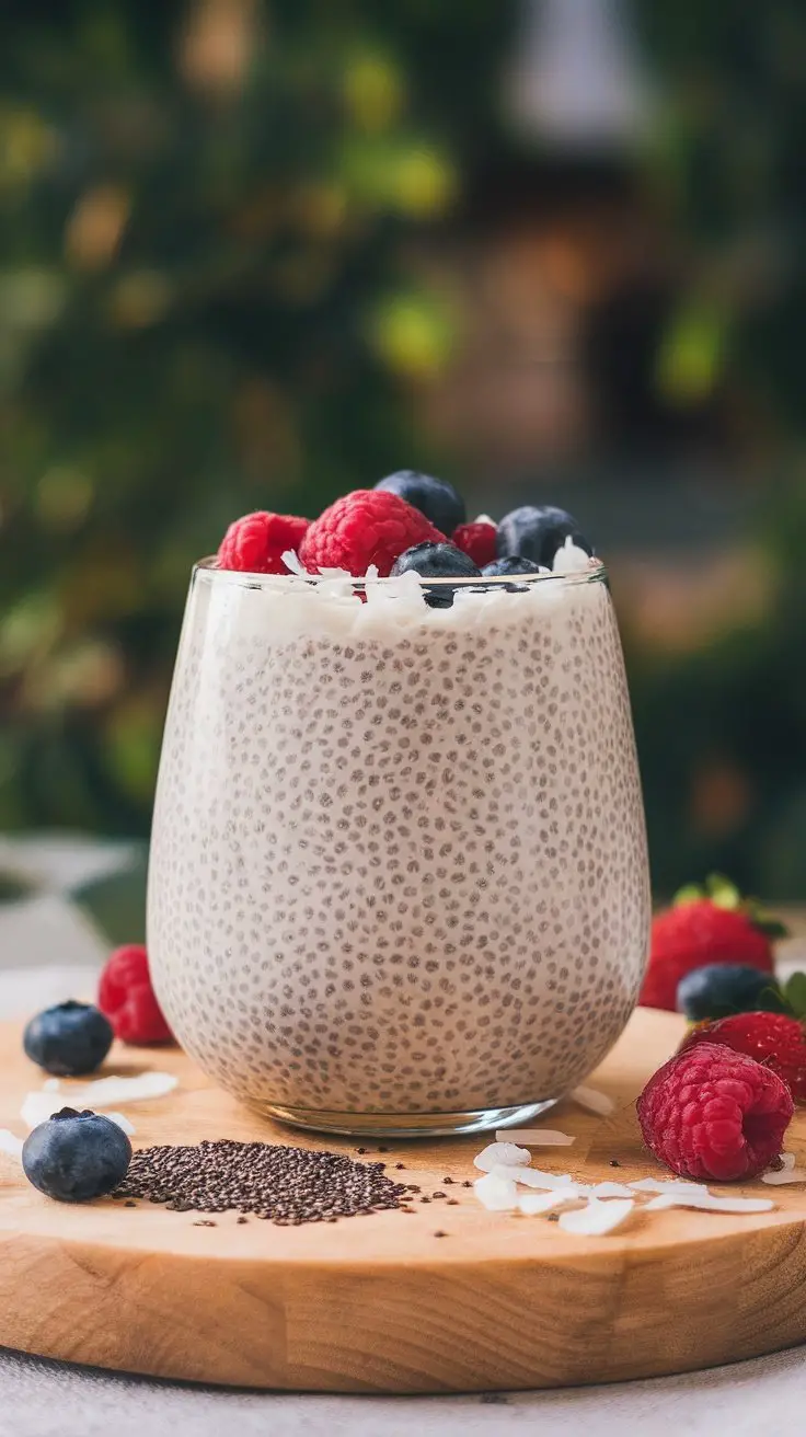 A glass of chia seed pudding topped with coconut flakes and mixed berries on a wooden board.