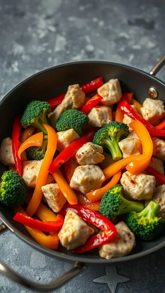 A colorful chicken and vegetable stir-fry with broccoli and bell peppers in a pan.