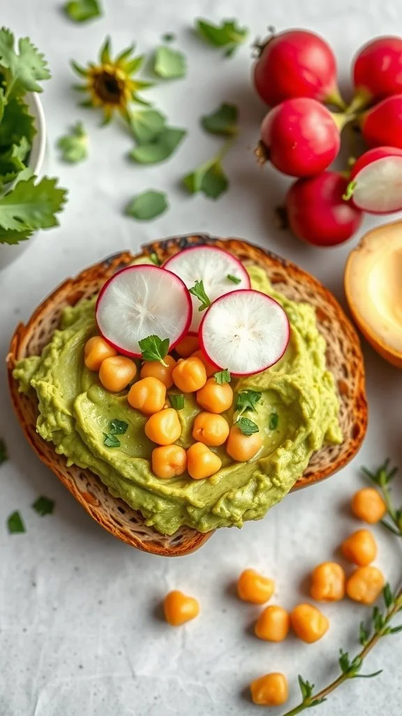 A delicious chickpea and avocado smash spread on toasted bread, topped with radish slices and chickpeas, surrounded by fresh herbs and tomatoes.