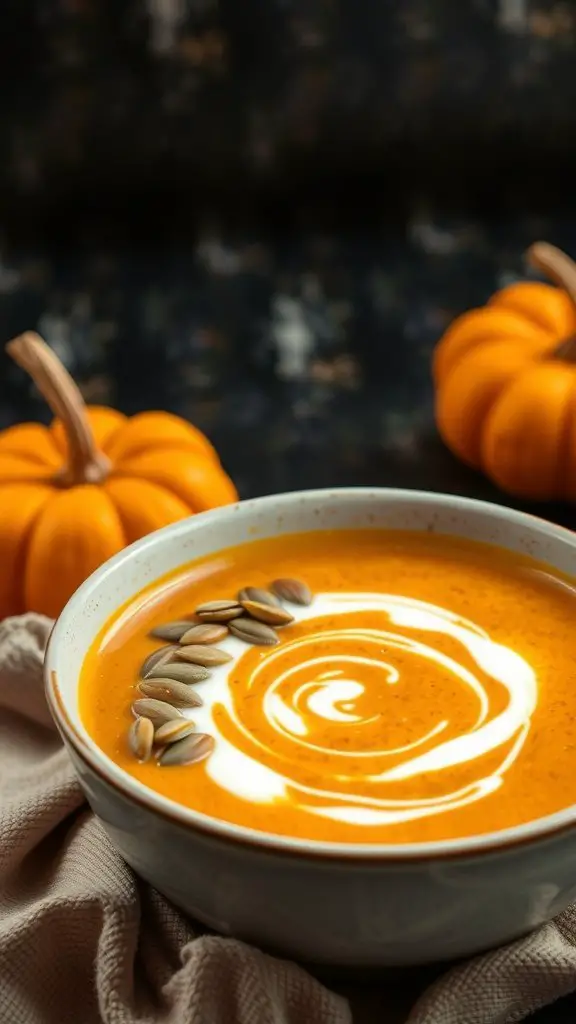 A bowl of chickpea and pumpkin soup topped with cream and pumpkin seeds, with decorative pumpkins in the background.