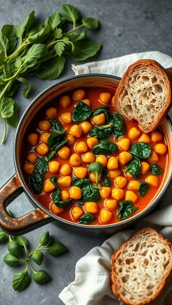 A pot of chickpea and spinach stew with crusty bread on the side.