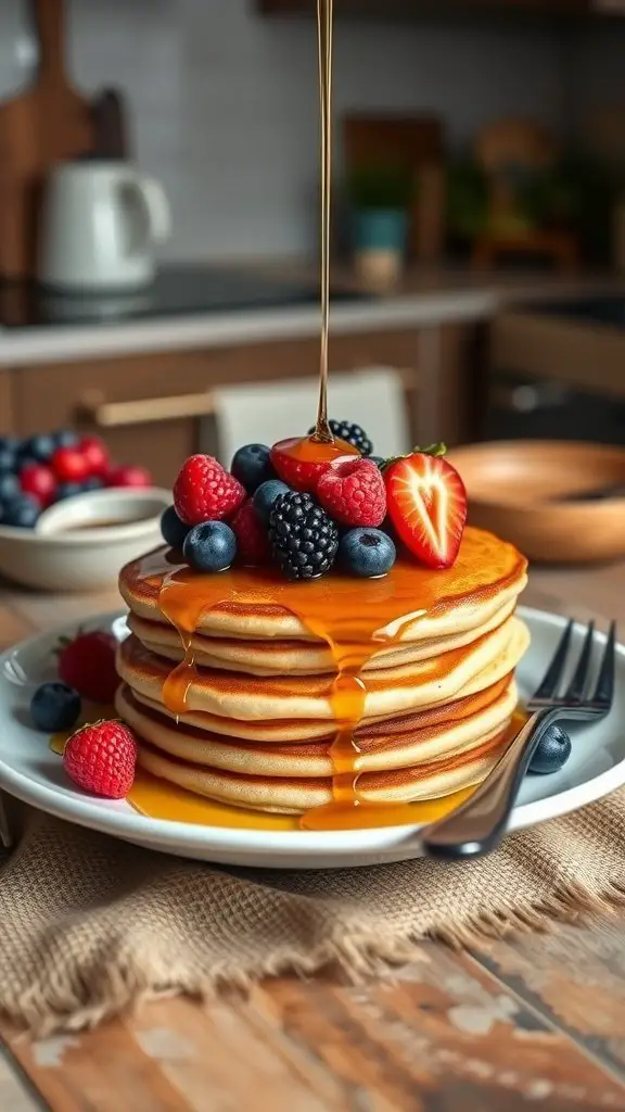 Chickpea flour pancakes topped with fresh berries and syrup.