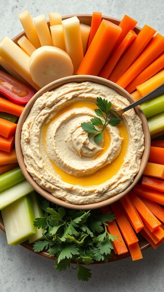 A bowl of chickpea hummus garnished with olive oil and surrounded by fresh cut vegetables including carrots, celery, and peppers.