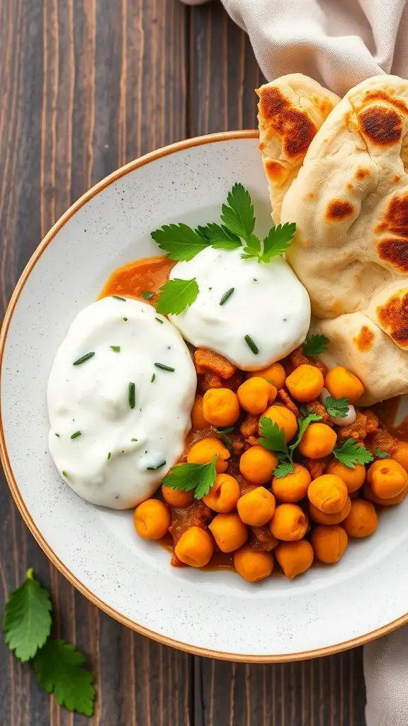 A plate of chickpea masala with naan bread and yogurt, garnished with fresh herbs.