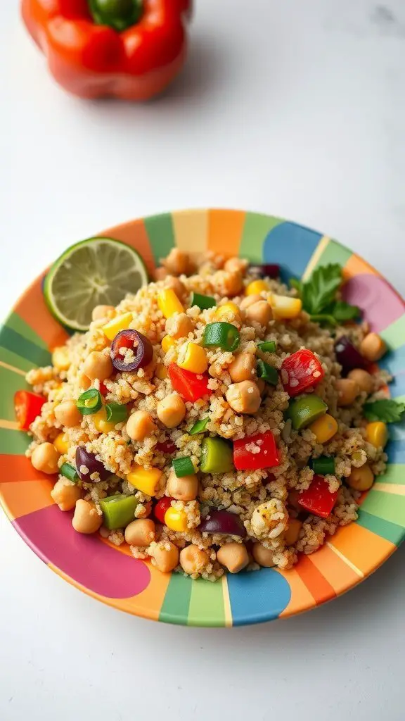 A colorful Chickpea Quinoa Salad served on a bright plate, featuring chickpeas, quinoa, bell peppers, and corn.