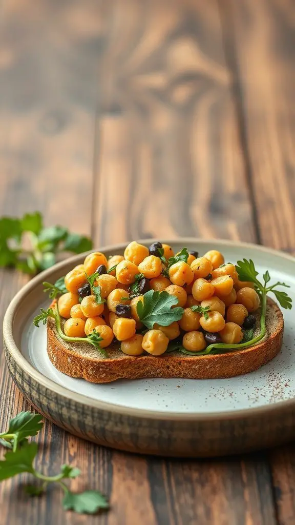 A plate of whole grain bread topped with a chickpea salad and fresh herbs.