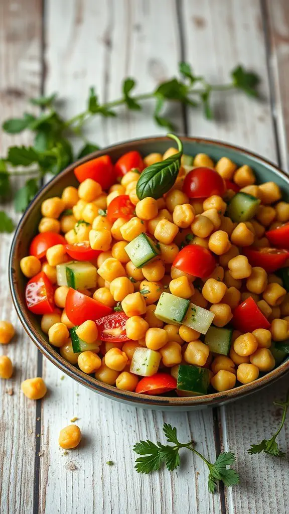 A colorful chickpea salad with tomatoes, cucumbers, and herbs in a bowl.