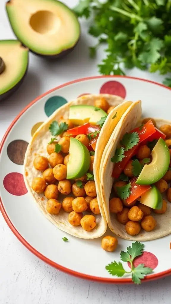 Chickpea tacos filled with avocado, red bell pepper, and cilantro on a colorful plate.