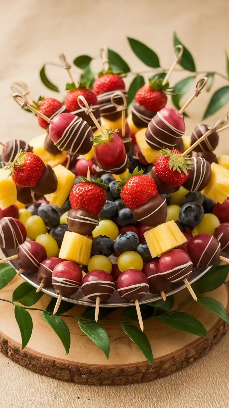 A plate of chocolate-dipped fruit skewers featuring strawberries, grapes, pineapple, and blueberries.