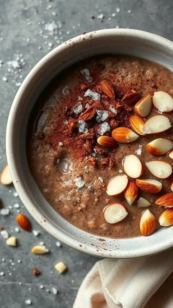 A bowl of chocolate almond quinoa porridge topped with almonds and sea salt on a gray background.