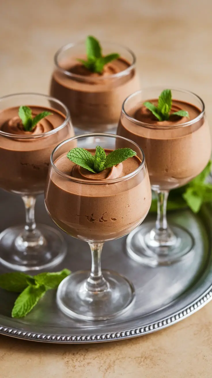 Four elegant glasses of chocolate avocado mousse topped with mint leaves on a silver tray.