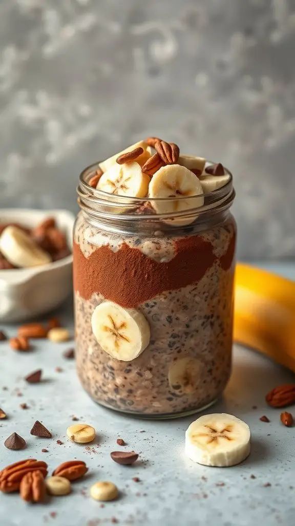 A jar of chocolate banana overnight oats topped with banana slices, pecans, and chocolate chips on a light background.