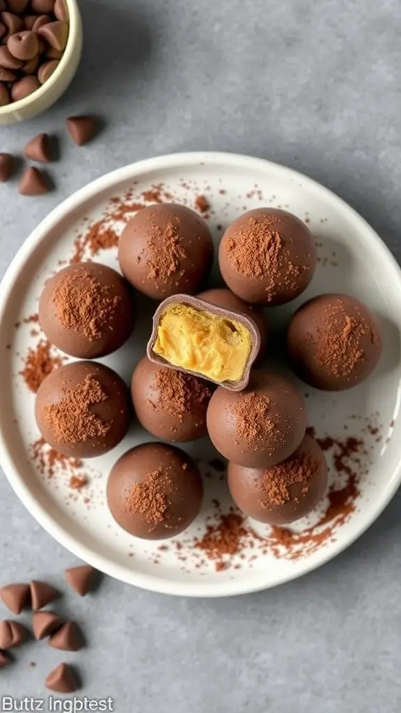Chocolate peanut butter fat bombs on a plate with one cut in half to show the filling