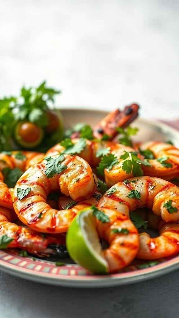 A plate of cilantro lime grilled shrimp garnished with fresh cilantro and lime wedges.