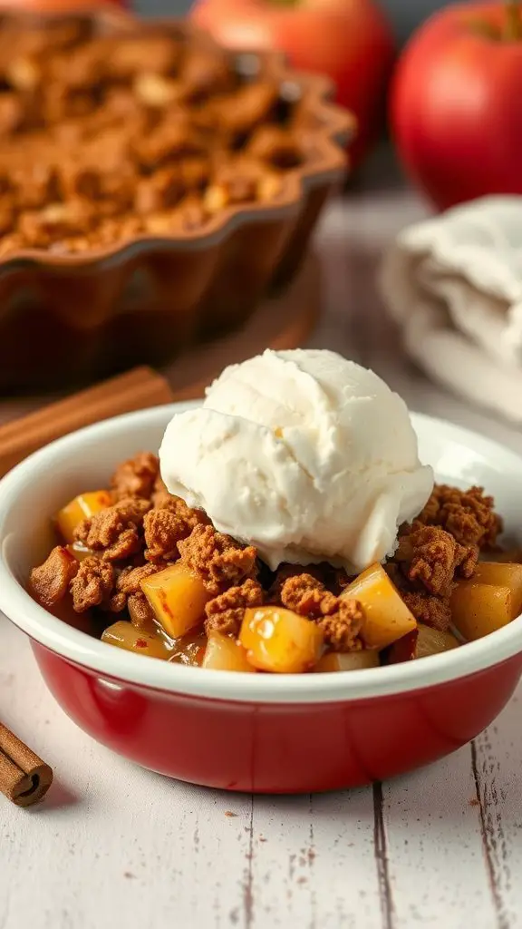 A bowl of cinnamon apple crisp topped with vanilla ice cream, with a baking dish of crisp and fresh apples in the background.