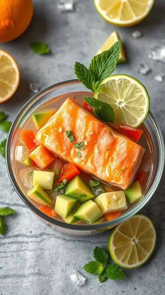 A bowl of vibrant citrus salmon ceviche with fresh salmon, vegetables, and citrus slices.