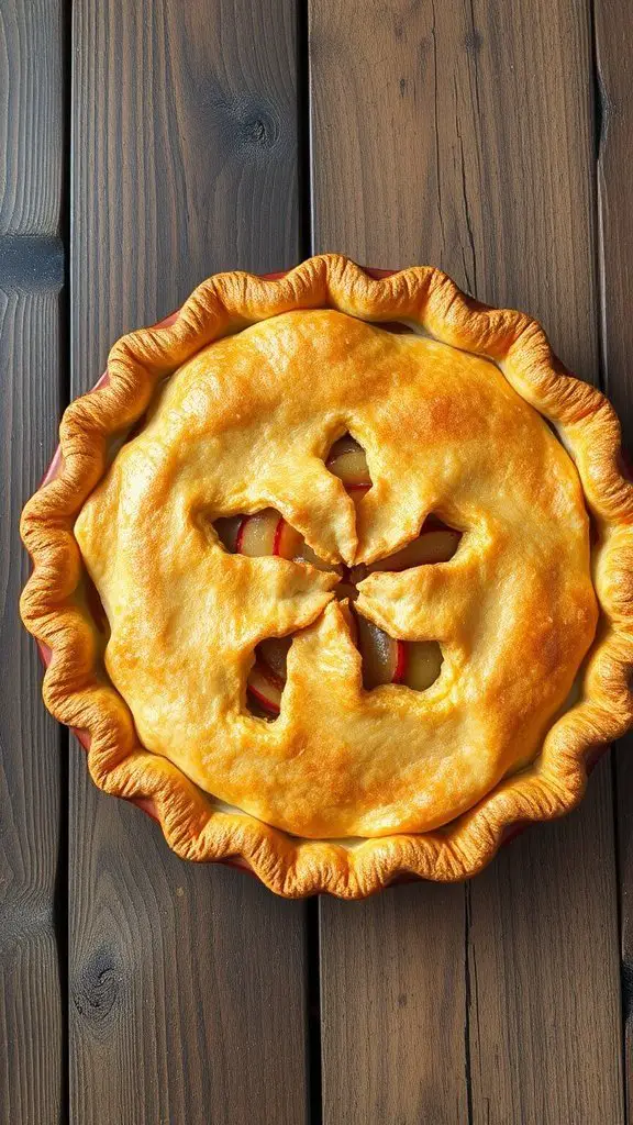 A deliciously baked apple pie with a flaky crust, sitting on a wooden table.