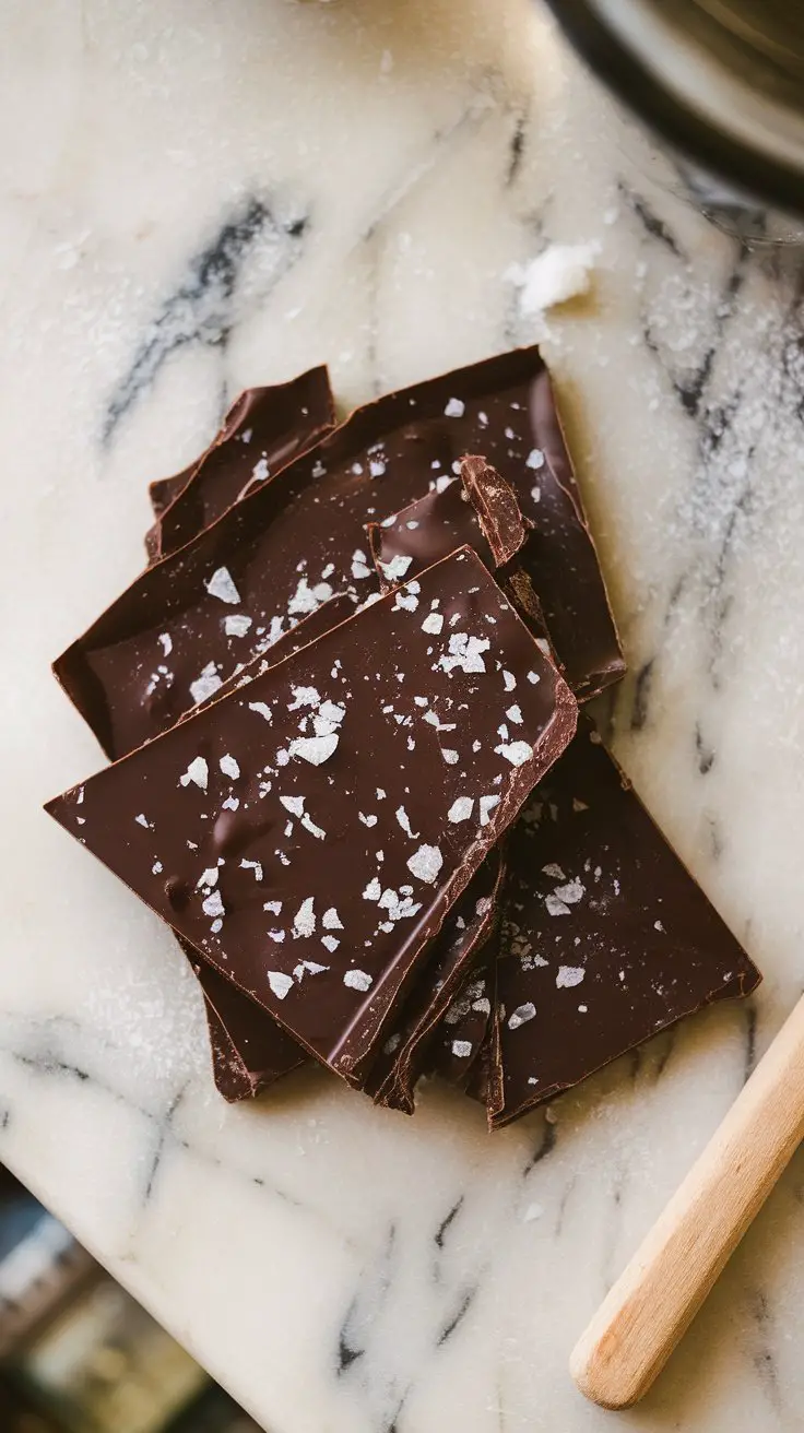 Classic dark chocolate bark with sea salt pieces on a marble surface.