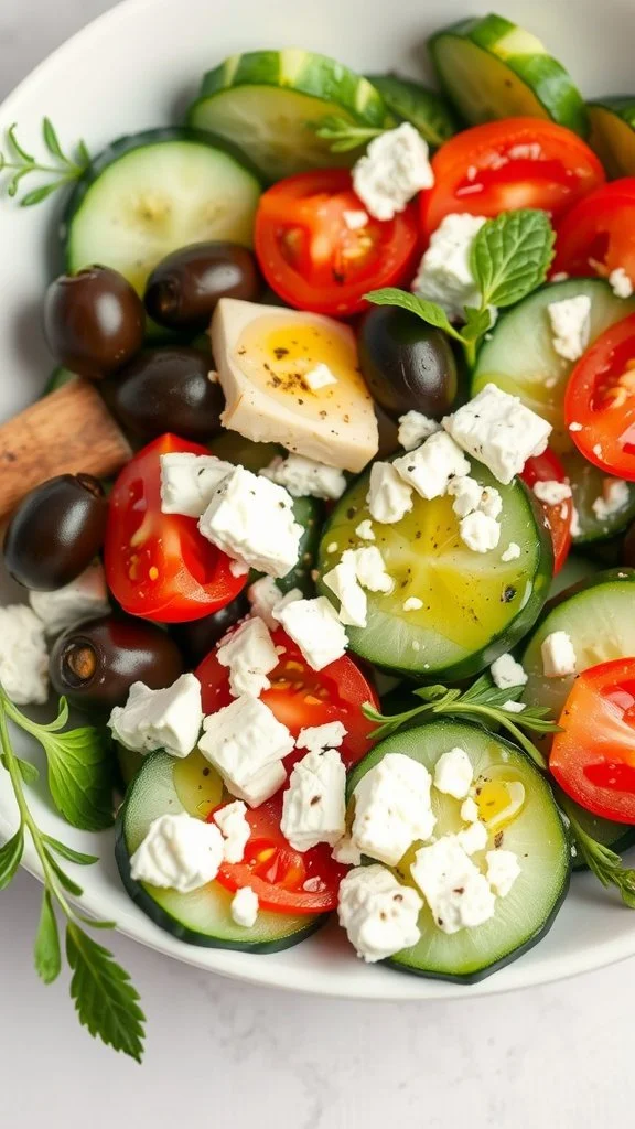 A classic Greek salad with fresh cucumbers, ripe tomatoes, Kalamata olives, and crumbled feta cheese.