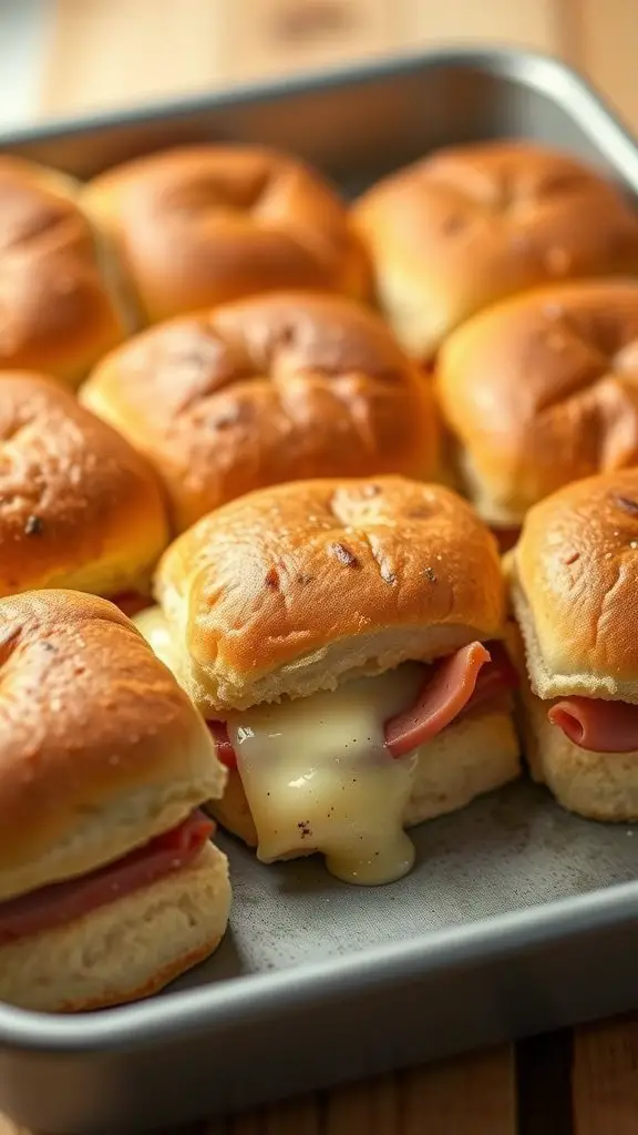 A tray of classic ham and cheese sliders with melted cheese and golden rolls.