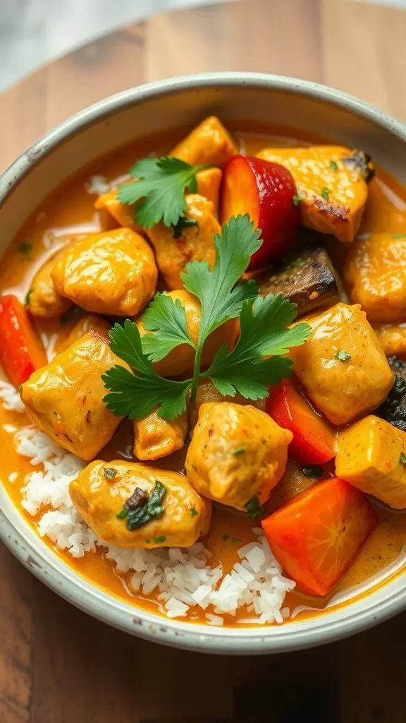 A bowl of coconut curry chicken with rice, garnished with cilantro and colorful bell peppers.