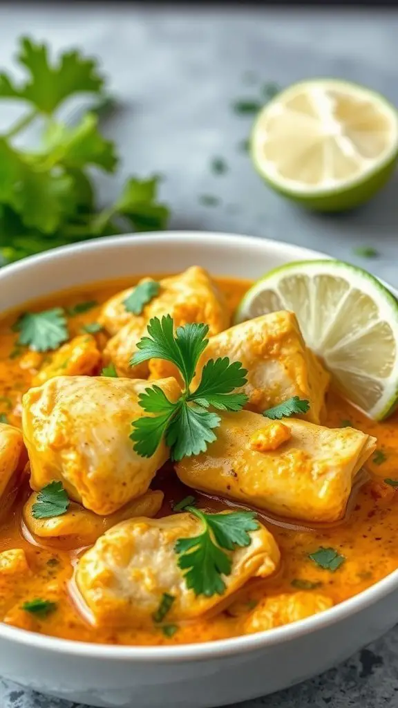 A bowl of coconut curry chicken garnished with cilantro and lime slices.
