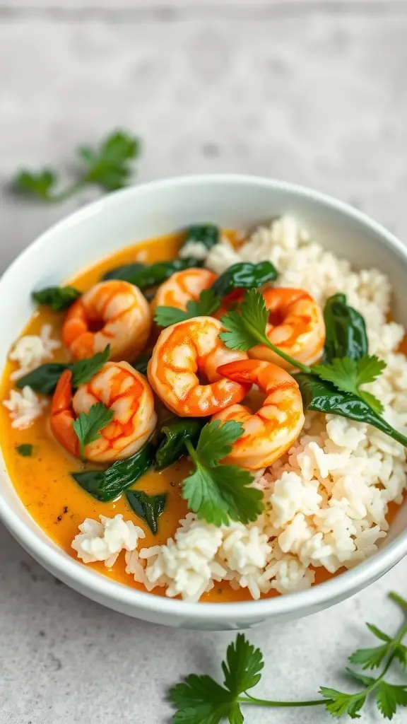 A bowl of coconut curry shrimp with spinach served over rice, garnished with fresh cilantro.