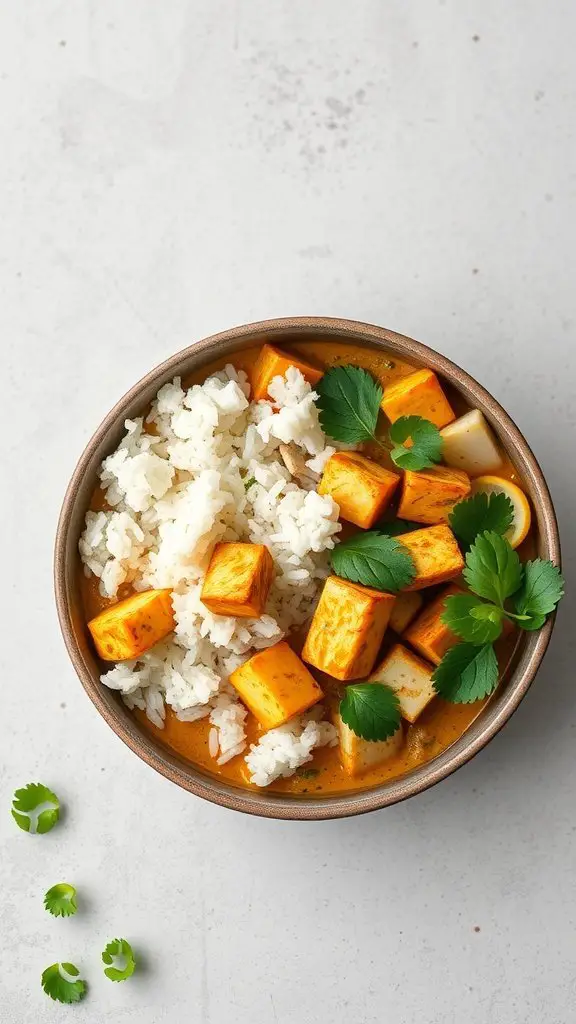 A bowl of Coconut Curry Tofu with rice and garnished with cilantro, showcasing vibrant colors and textures.