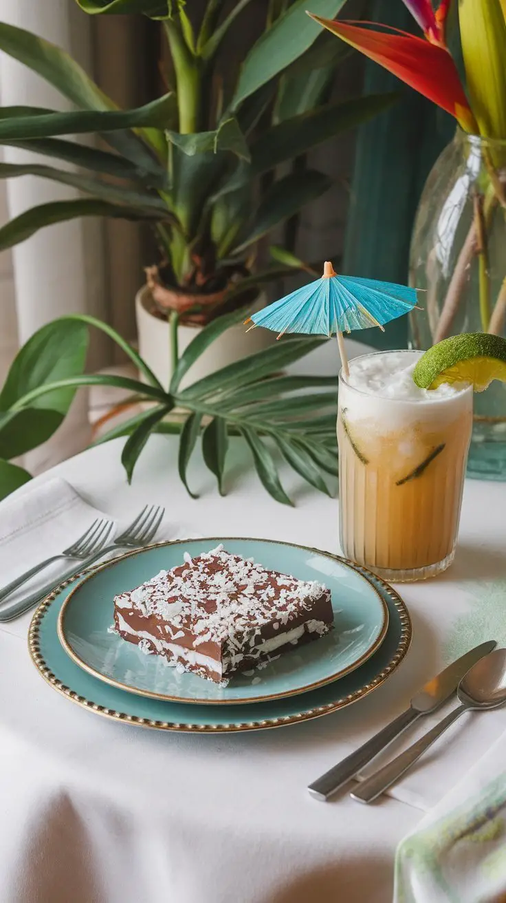 A plate of coconut flake and dark chocolate bark next to a tropical drink with a small umbrella.