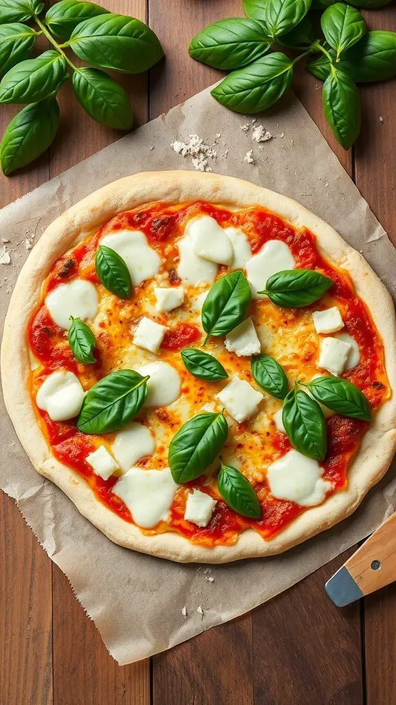 A freshly made coconut flour pizza crust topped with tomato sauce, mozzarella cheese, and basil on a wooden table.