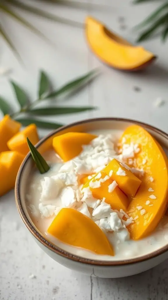 A bowl of coconut mango porridge topped with fresh mango slices and shredded coconut.