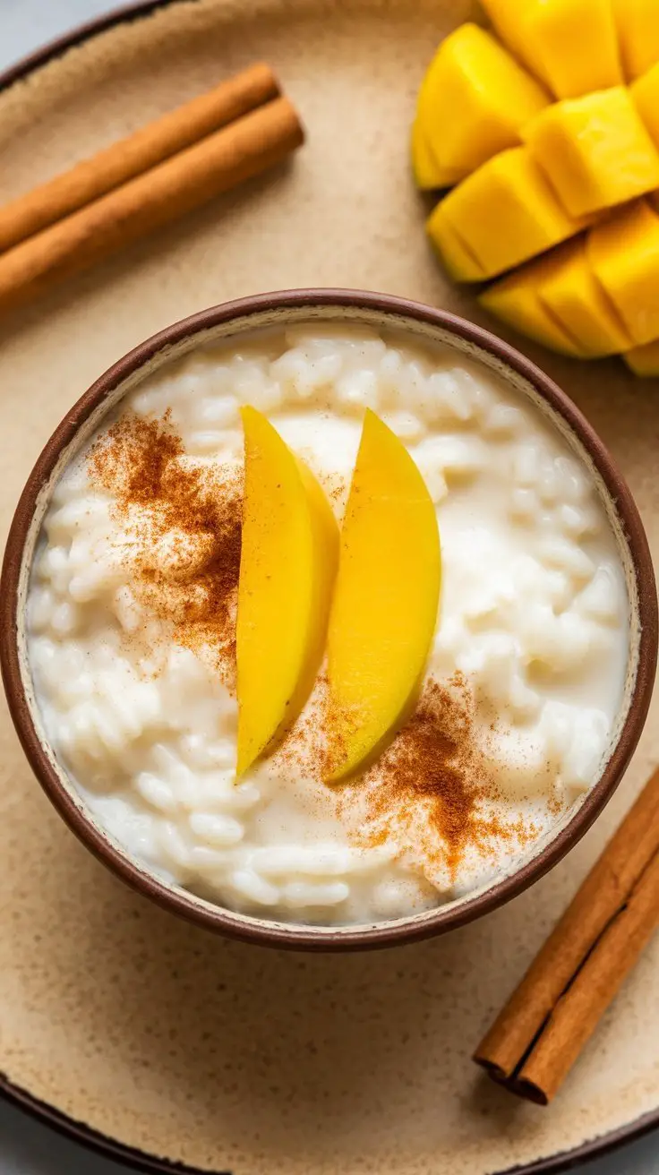 A bowl of coconut milk rice pudding topped with mango slices and cinnamon sticks.