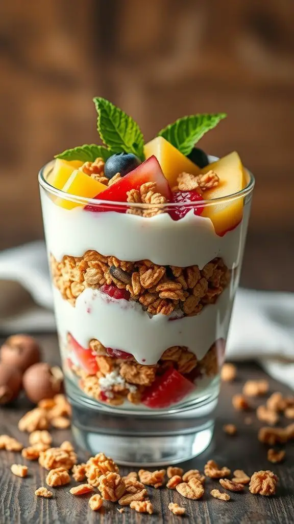A delicious coconut yogurt parfait layered with granola and fresh fruits.