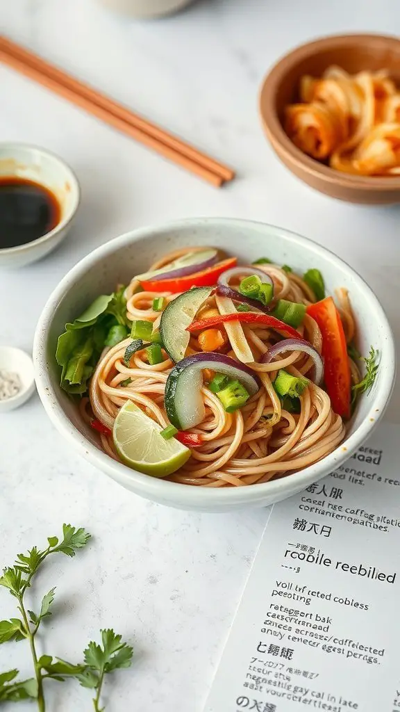 A bowl of cold soba noodle salad topped with fresh vegetables, lime wedges, and a side of dipping sauce.