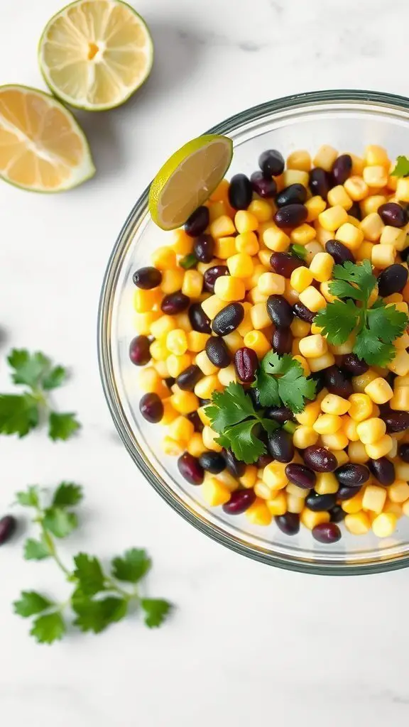A bowl of corn and black bean salad with lime wedges and cilantro on a marble surface.