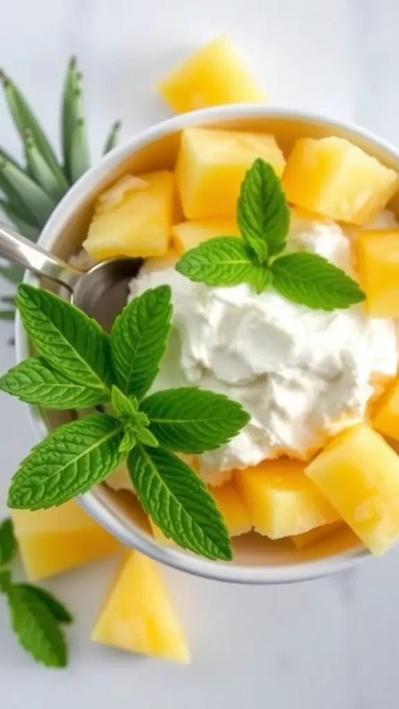 A bowl of cottage cheese topped with pineapple chunks and mint leaves.