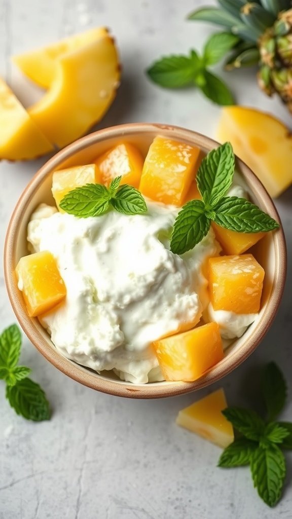 A bowl of cottage cheese topped with pineapple chunks and mint leaves.