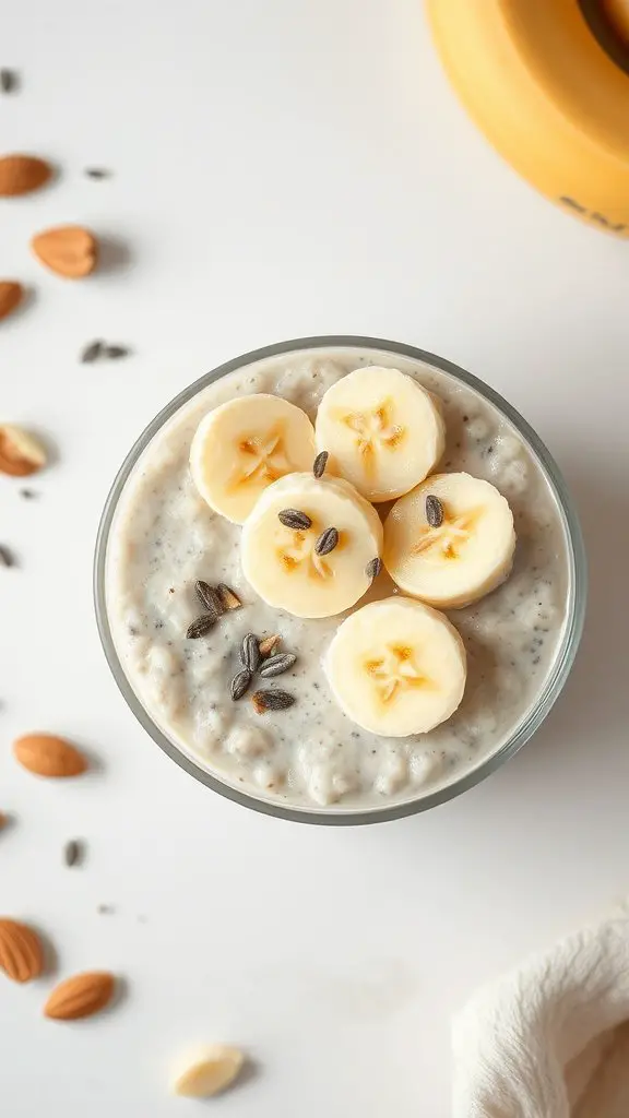 A bowl of creamy almond butter overnight oats topped with banana slices, chia seeds, and surrounded by almonds.