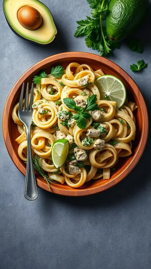 A bowl of creamy avocado pasta salad garnished with herbs, lime, and a fork.