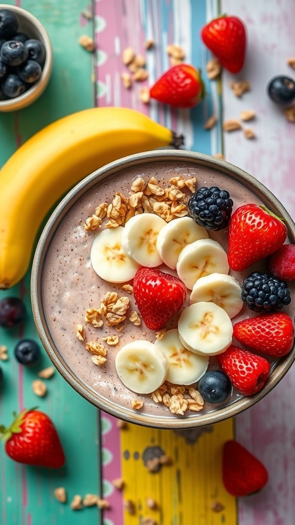 A delicious creamy banana smoothie bowl topped with fresh strawberries, blueberries, sliced bananas, and granola.