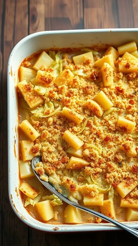 A creamy cabbage and potato gratin topped with golden breadcrumbs in a white baking dish.