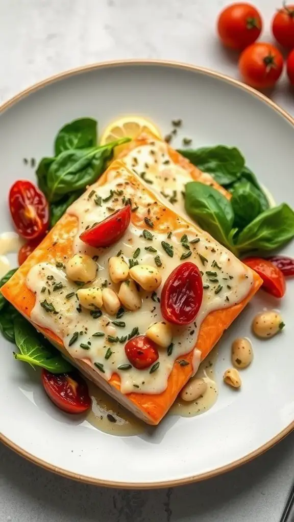 A plate of Creamy Garlic Tuscan Salmon with spinach and cherry tomatoes, garnished with herbs.