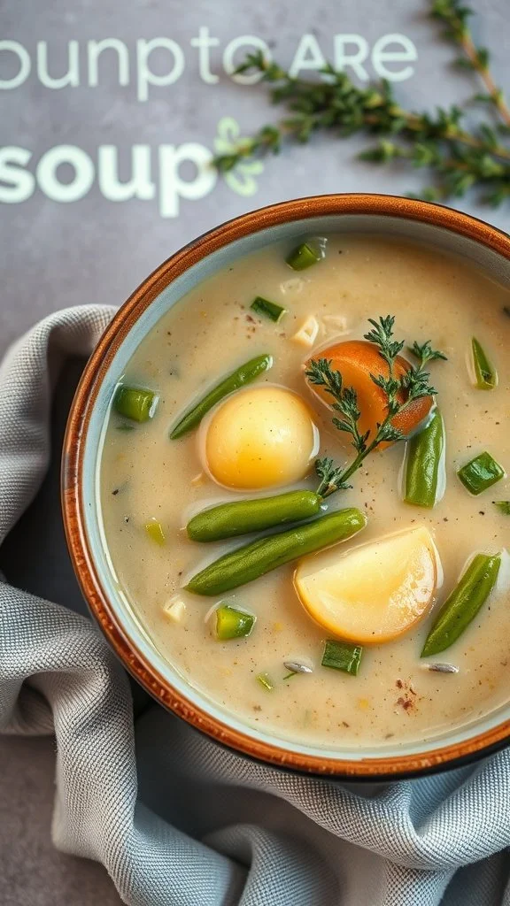 Bowl of creamy green bean and potato soup with fresh herbs and vegetables
