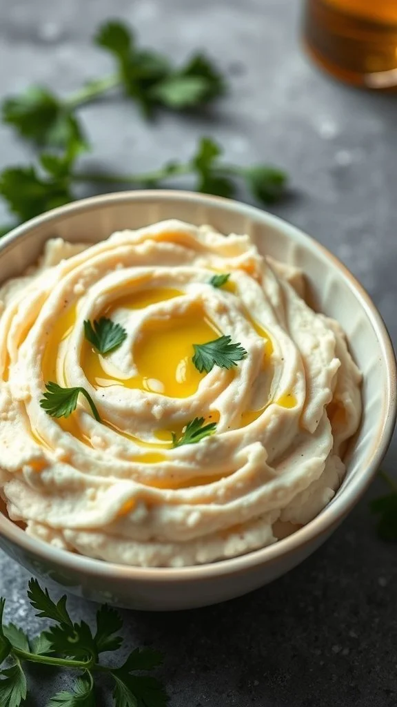 A bowl of creamy mashed cauliflower topped with olive oil and fresh herbs.