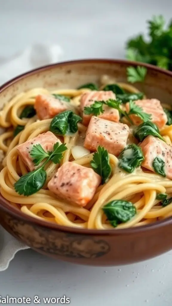 A bowl of creamy salmon pasta with spinach topped with parsley.